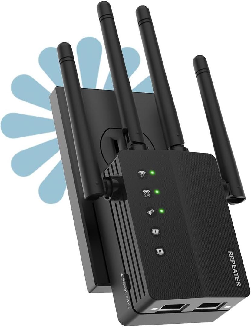WiFi Booster, 1200Mbps WiFi Extender Signal Booster for Home, 12880 Sq Ft Coverage, 105 Devices, Dual Band 2.4/5GHz Internet Extender WiFi Booster (Black)