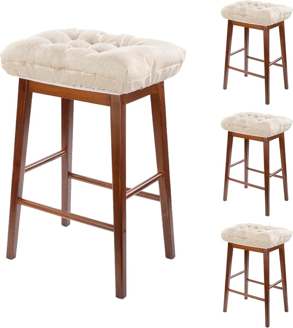 Rectangular Stool Cushion Set of 4, Soft Saddle Stool Cushions with Ties, Nonslip and Washable, Beige, 18 x 10.5 x 4 Inch