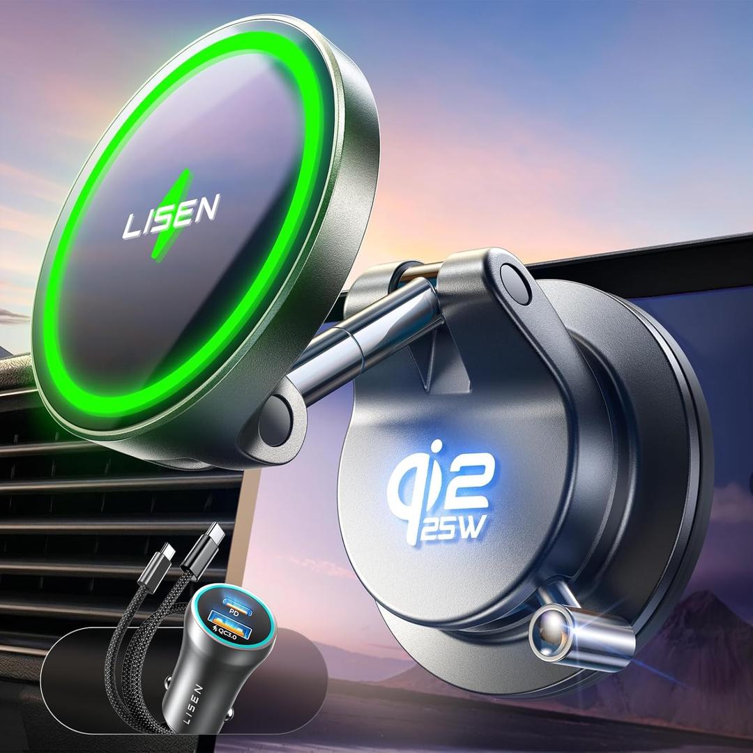 LISEN Qi2.2 25W Magsafe Car Mount Charger,[More Stable & Faster Charging] Suction Cup Phone Mount, Wireless Car Charger 25W Magnetic Car Phone Charger for iPhone 17 16,15W for iPhone 17e 15 14 13 12 (Black)