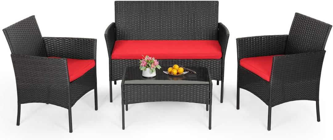 FDW | 4-Piece Patio Furniture Set | Red | Outdoor Wicker Furniture with Coffee Table | Modern Rattan Chairs Conversation Set | Outdoor Seating | Weather-Resistant | for Porch, Garden, Lawn