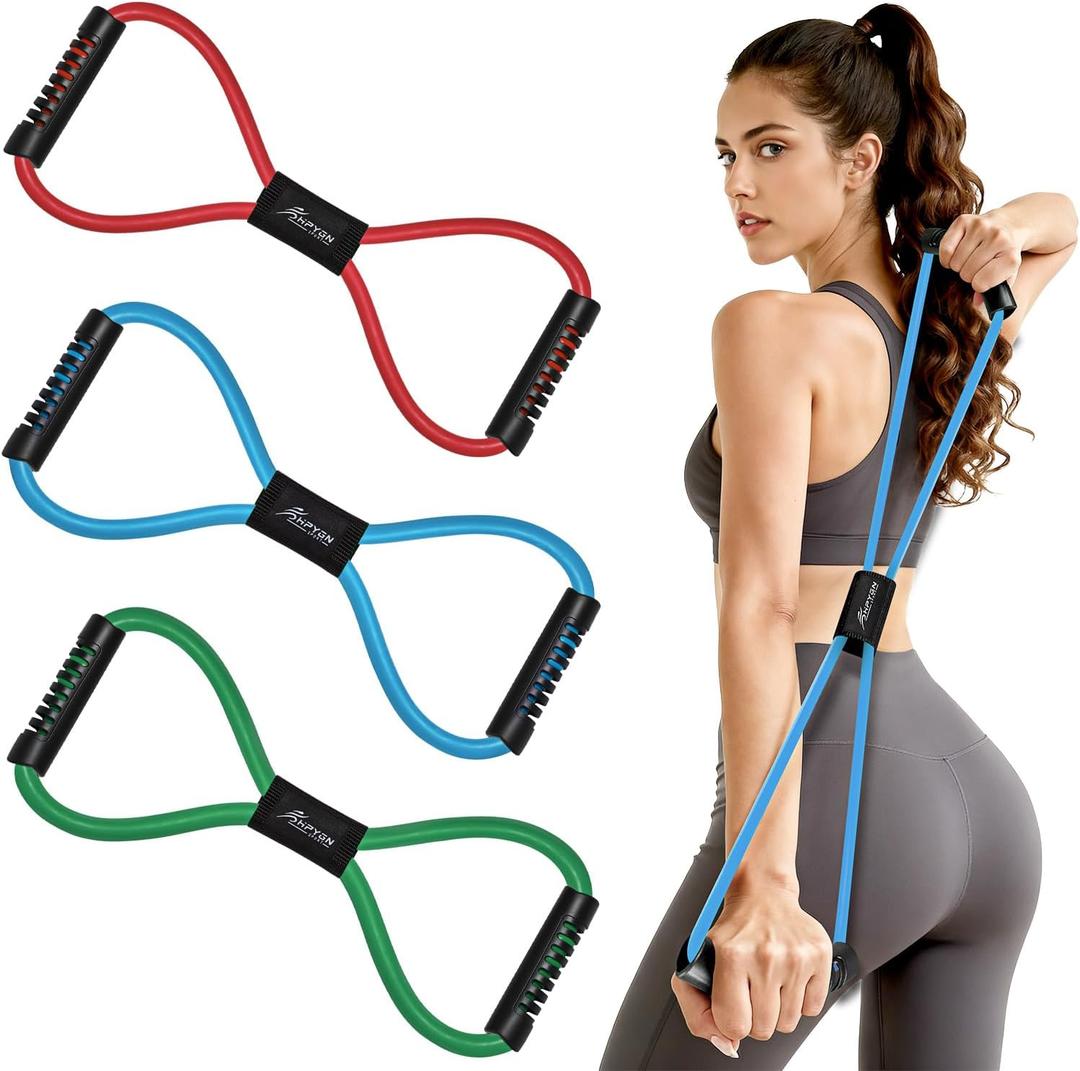 HPYGN Resistance Bands, Figure 8 Exercise Bands for Women Men, 8 Shaped Resistance Bands for Arms, Chest Expander, Yoga Gym Fitness Pulling Rope 8 Word Elastic for Exercise Muscle Training Tubing (red, blue, green)