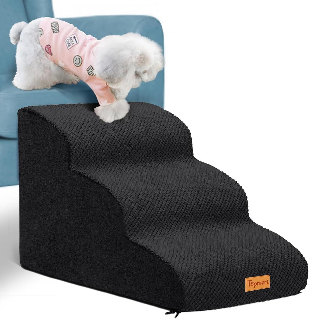 Topmart 3 Tiers Foam Dog Ramps/Steps,Non-Slip, Extra Wide Deep Dog Stairs,High Density Foam Pet Stairs/Ladder,Best for Older Cats,Small Pets,Black
