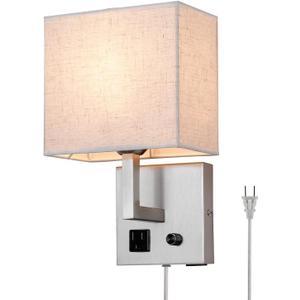 Plug in Wall Sconce, Bedside Wall lamp with Plug and dimmable Switch, with USB Charging Port and Socket, Suitable for Hotel, Corridor, Living Room and Bedroom Wall Light (Nickel)
