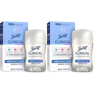 Secret Clinical Strength Antiperspirant Deodorant for Women, 3X Stress Protection, 72hr Sweat & Odor Protection, PH Balancing Minerals, Invisible Solid, Completely Clean Scent, 1.6 oz (Pack of 2)