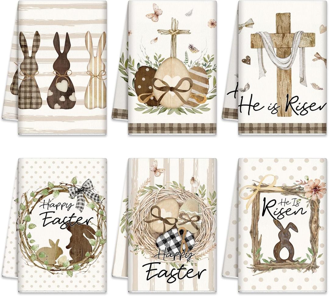 6 Pcs Easter Bunny Kitchen Towels Religious He Is Risen Dish Towel 21 x 14 Inch Farmhouse Egg Stripe Dot Bathroom Hand Towel Absorbent Rustic Spring Tea Towel for Kitchen Bath Gift Decor