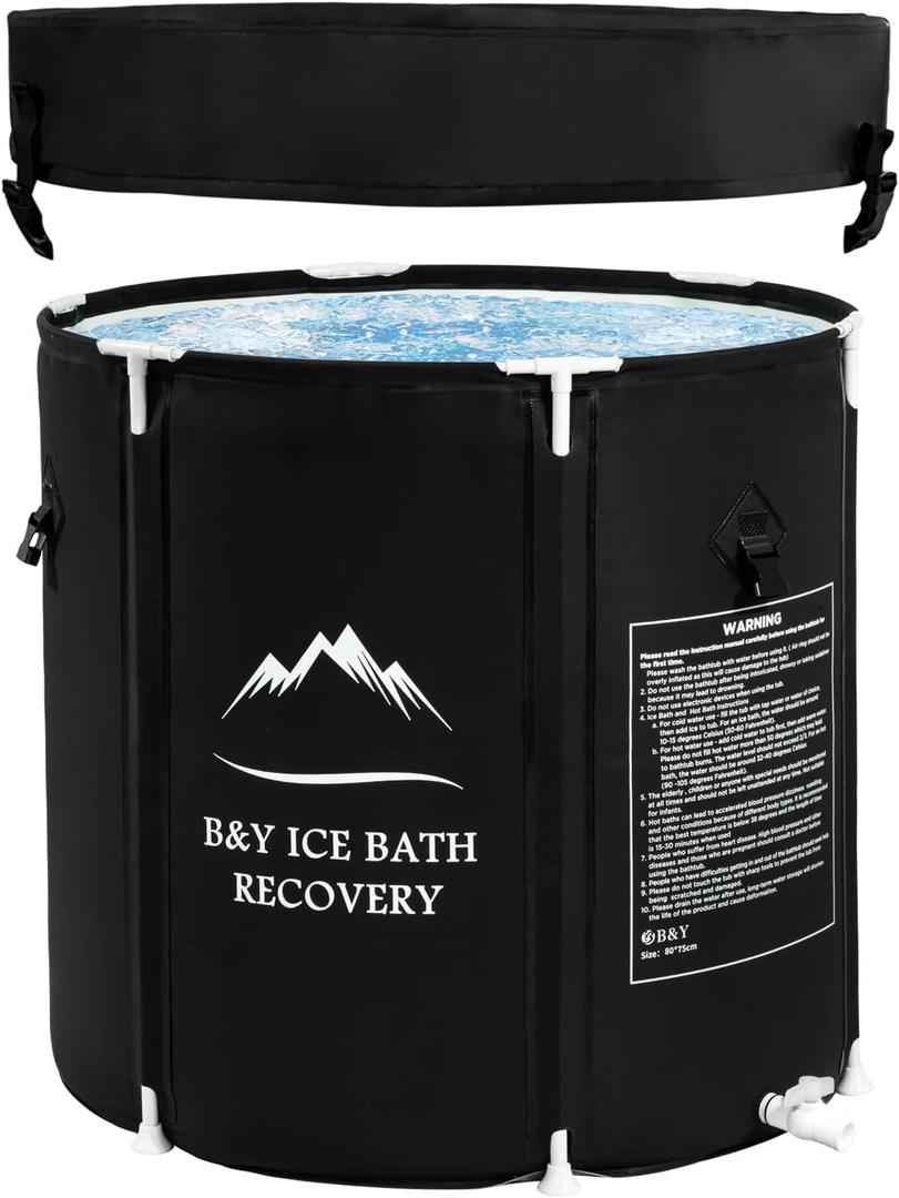 B&Y Foldable Ice Bath Tub, 87Gal Cold Plunge Tub for Adult with Updated T Shaped Frame, Outdoor Freestanding Bathtub Spa Tub for Cold Water Therapy, More Stable (29.5'' x 29.5''H)