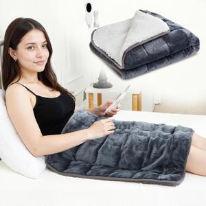 24"x29" Heating Weighted Lap Pad 7lbs Flannel Electric Heated Lap Blanket 2/4/8 Hour Auto Off Fast Heating 10 Settings Over Heat Protection for Adult Pain Relief Relaxation Sleeping(White and Gray)