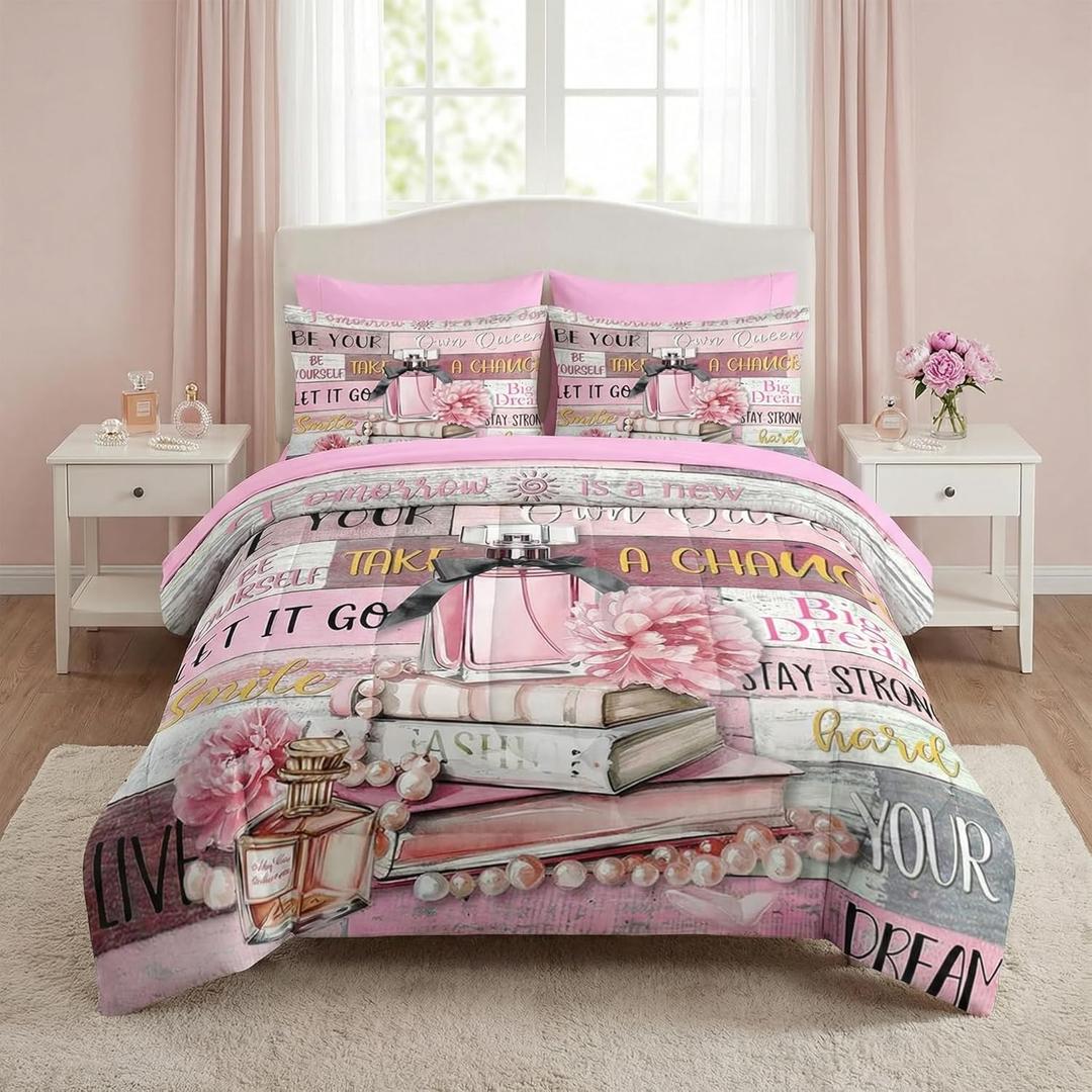 Nesker Comforter Set Queen Size, Girly Hot Pink Perfume 7 Pcs Bedding for Kids and Adults, Girls Quotes Motivational Book Bed Sheet Sets with Fitted Sheet 2 Pillowcases & 2 Shams