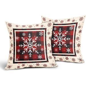 Winter Snowflakes Pillow Covers Set of 2 18x18in Christmas Red Black Buffalo Plaids Cotton Linen Throw Pillowcases Holiday Indoor Outdoor Sofa Couch Square Cuchion Covers Decor