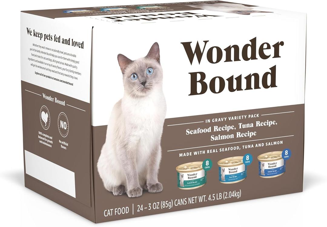 Amazon Brand - Wonder Bound Canned Wet Cat Food Variety Pack (Seafood, Tuna and Salmon Recipes in Gravy), Adult Recipe, 3 Ounce (Pack of 24) (EXP 04/14/28)