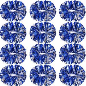 Hoteam 12 Pack Cheerleading Pom Poms Cheer Pompoms with Baton Handle Metallic Foil Pompoms for Adult for Team Sports Party Dance Cheering Squad Accessories, 14 Inch (Blue and Silver)
