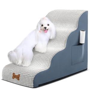 Dog Stairs for Small Dogs, Wide Pet Step with Removable Cover, No Assembly High Density Foam Cat Ramp for Bed or Sofa, 4-Step, Beige (15.7x28.3x19.7in)