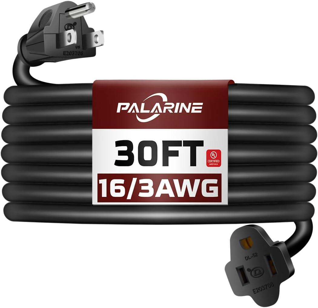 30ft Black Outdoor Extension Cord Waterproof, UL Listed, 16/3 SJTW Heavy Duty 3 Prong, 16 Gauge 13A Power Cord Ideal for Indoor Outdoor Lights, Appliances, and Lawn