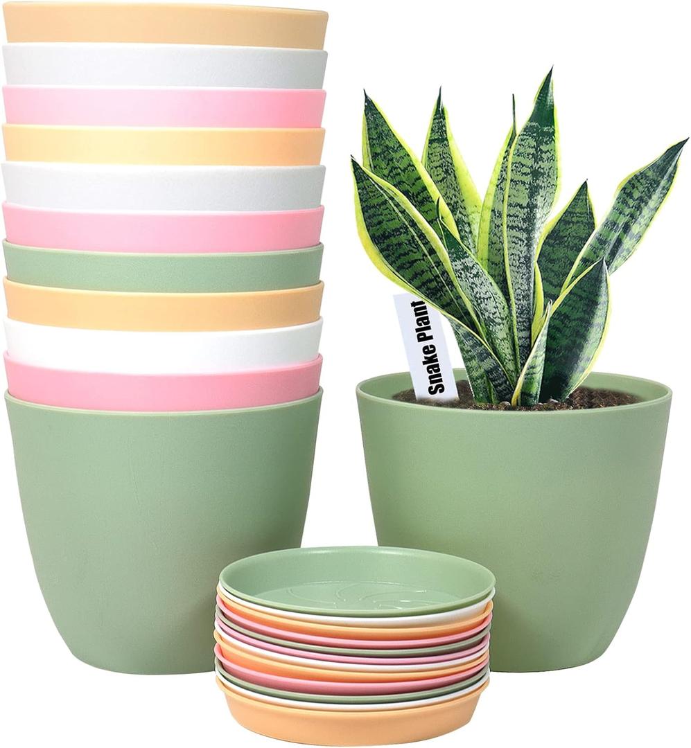 SwinDuck 6 Inch Plant Pots, 12 Pack Plastic Planters Modern Flower Pot with Drainage Holes and Saucers for All House Plants, Herbs, Flowers and Seeding Nursery, Colorful