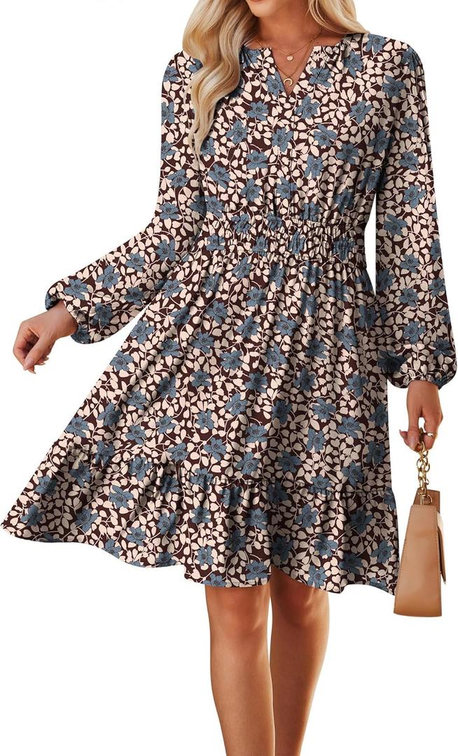 GRACE KARIN Spring Dresses for Women 2026,Casual Long Sleeve Mini Dress, Floral Wedding Guest Dress with Pockets (M)