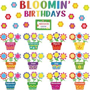 Harloon 92 Pcs Birthday Bulletin Board Set for Classroom Flower Bloomin' Bday Decoration Classroom Birthday Chart Decoration for Flower Back to School Party Decor Student Teacher Teaching Supplies