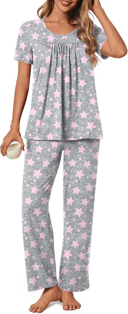 POPYOUNG Womens Pajama Sets Summer Ladies Pjs 2 Piece Loungewear with Comfy and Pockets Lightweight Sleepwear (Gray, XL)
