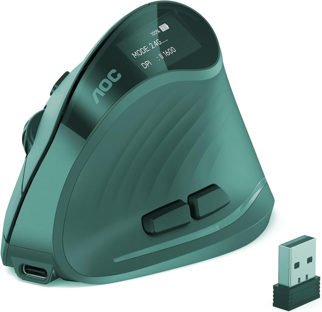 AOC 2.4GHz Ergonomic Mouse, Wireless Bluetooth Vertical Mouse for Work, 4800 DPI Optical Tracking, 5 Adjustable DPI, Quiet Clicks, RGB Light, Compatible with Computer, Laptop, PC, Mac, Desktop - Cyan