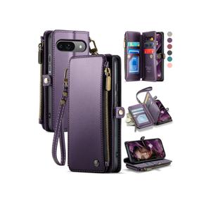 Defencase Compatible with Pixel 9/Pro Case, RFID Blocking Wallet Case Fit for Google Pixel 9 & 9 Pro Soft PU Leather Magnetic Snap Flip Zipper Strap Card Holder Phone Case for Women Men, Purple