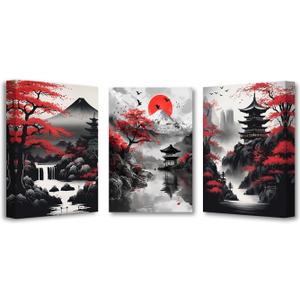 PBXBJY Japanese Canvas Wall Art 3 Pieces Japanese Landscape Painting Prints Red and Black Cherry Blossom Trees Building Pictures Living Room Office Decor Frame (16x24inchx3Pcs) PBXBJY Japanese Canvas Wall Art 3 Pieces Japanese Landscape Painting Prints Red and Black Cherry Blossom Trees Building Pictures Living Room Office Decor Frame (16x24inchx3Pcs)