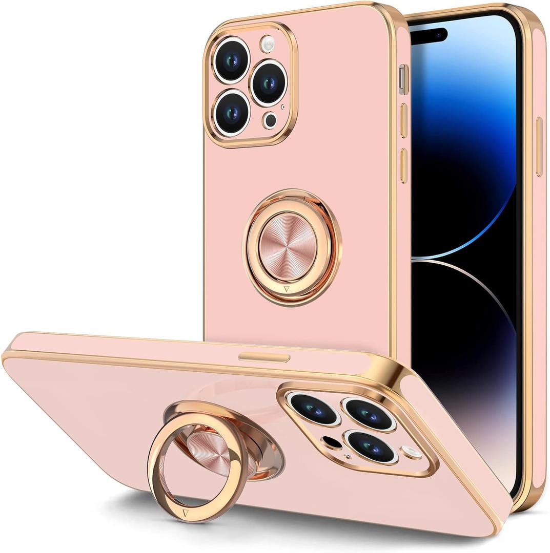 Hython for iPhone 14 Pro Case with Ring Stand [360 Rotatable Ring Holder Magnetic Kickstand] [Support Car Mount] Plated Gold Edge Soft TPU Luxury Shockproof Protective Phone Case Cover, Pink