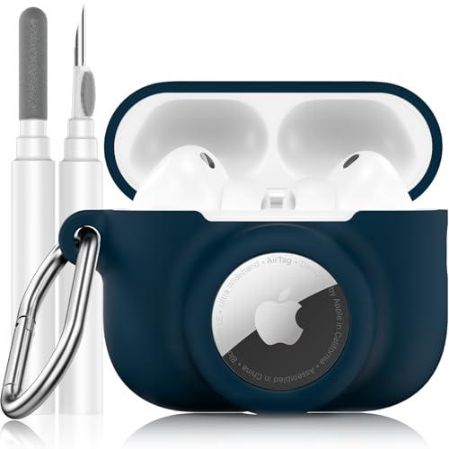 LDSXAY 2 in 1 Silicone Case Compatible with AirPods Pro 3 and AirTag 2/1, Shockproof Protective Case Cover for AirPods Pro 3rd Generation 2025 with Cleaner Kit & Carabiner (Dark Blue)