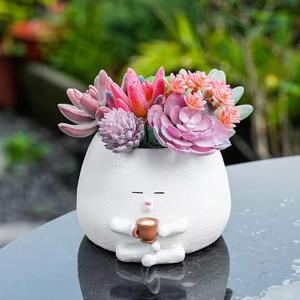 Smily Face Planter Pots,Cute Coffee Plant Pots for Indoor Outdoor Plants, Small Succulent Pots Resin Flower Pot Head Planters with Drainage Hole Pearl Plants Home Decor (White)