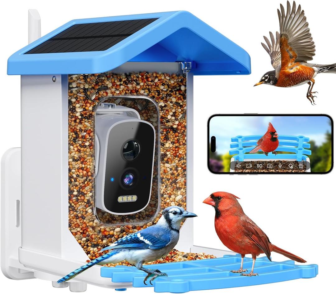Smart Bird Feeder with Camera, AI Bird Species Identification Solar Powered Panel, 2.5k HD Video Bird House with Camera for Outside Garden, Ideal Gifts for Lover, Valentine's Day, Blue