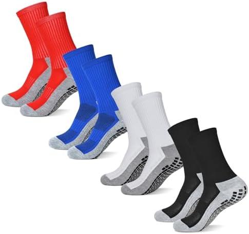 Finerview Men Grip Soccer Socks, Anti Slip Non Slip Grip Pads Athletic Sports Crew Socks, M, 4 Pack