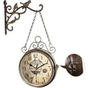 Retro Rust Wall Clock 20th Century 8" Non Ticking Large Iron Antique Hanging Clocks Double Sided Vintage Two Faces Innovative Classic, Silent Quartz Round Clock for Office Bedroom Living Room Decor