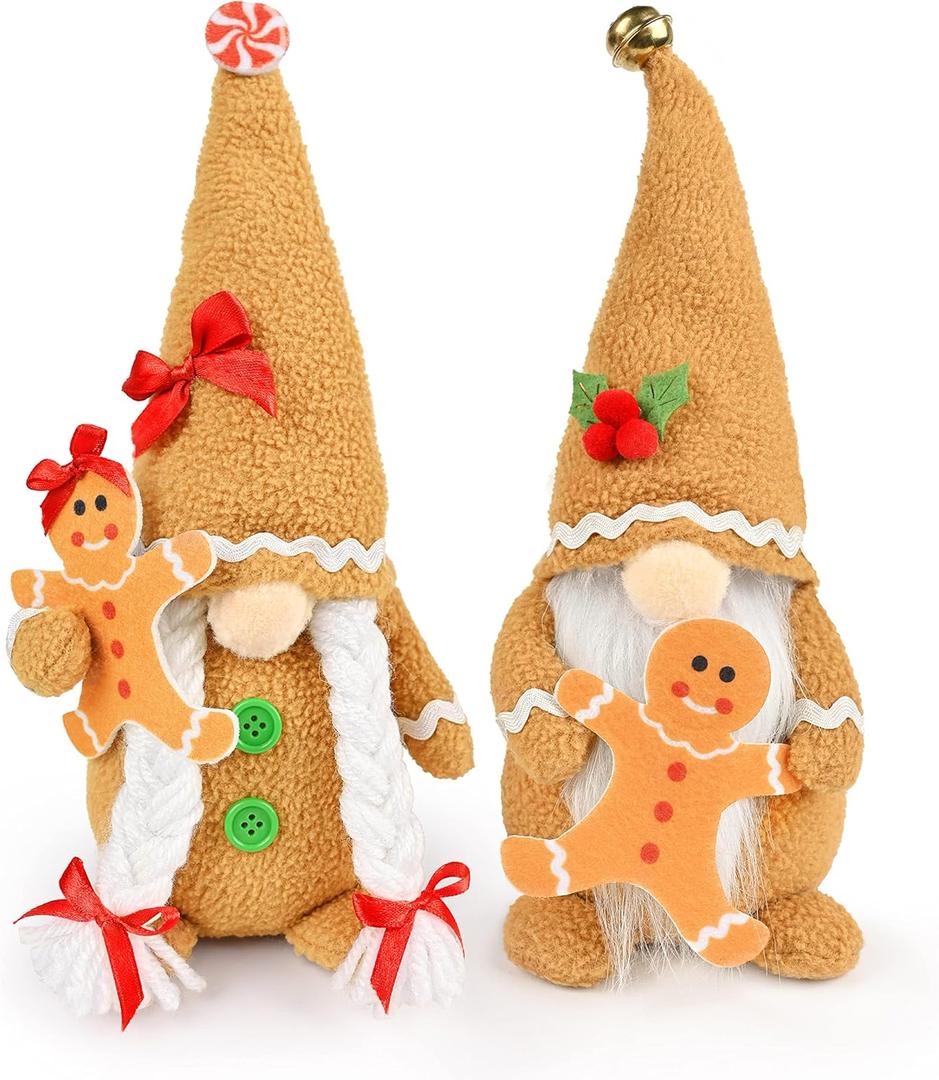 D-FantiX Christmas Gingerbread Man Gnomes Plush Doll Sets, 2Pcs Handmade Stuffed Scandinavian Gnome Decorations Kits, Nordic Swedish Tomte Gnome Collectible Figurines Ornament, Tiered Tray Decor