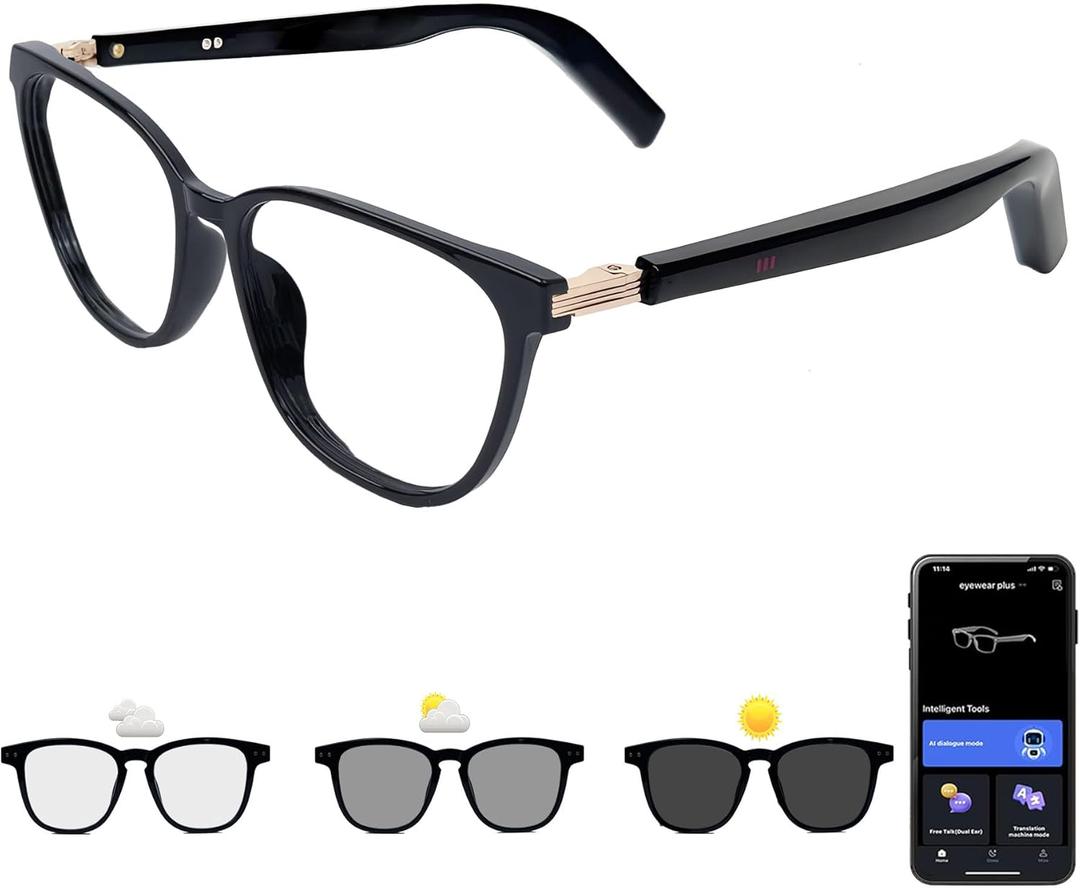 Smart Glasses with Photochromic Lenses for Men and Women AI Translation Smart Glasses with Translator 164 Languages IP67 Waterproof Bluetooth Glass Blue Light Protection (KM02_Black)