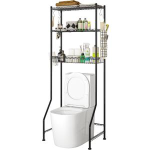 Over The Toilet Storage, 3-Tier Over Toilet Bathroom Organizer with Adjustable Shelves and Basket-Shelf, Space Saver Metal Toilet Shelf with Hooks, Roll-Holder and Hanging Bag (Black)