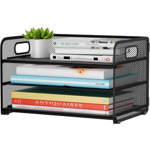 3 Tier Paper Letter Tray Organizer for Desk, Mesh File Folder Document Organizer with Handle for Home Office Supplies Desktop Accessories, Black