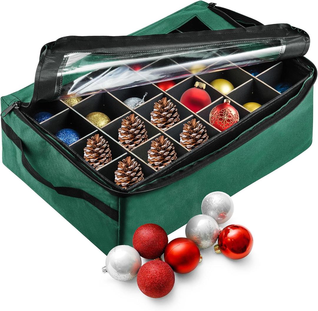 Ornament Storage Box - Zippered Organizer with 48 Individual Compartments and Dividers for Christmas Bulbs and Decorations by Tiny Tim Totes (Green)