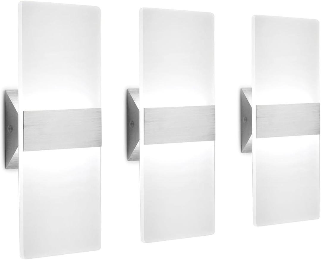 LED Wall Sconce Modern Wall Light Lamps 12W Cool White 6000K Up and Down Indoor Acrylic Lighting Fixture for Living Room Bedroom Hallway Conservatory Home Room Decor Not Dimmable No Plug(3 Pack)
