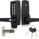 New Upgrade Mechanical Door Lock with Handle,Mechanical Push Button Lever Lock,Stainless Steel Mechanical Keyless Entry Door Lock with Key,Upgrade Adjustable Deadlatch 2-3/8'' and 2-3/4'' (Black)