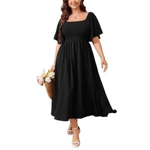 SHESTARR Women's Plus Size Dress Short Sleeve Square Neck Smocked Side Split Flowy A Line Long Maxi Dress Black 3XL