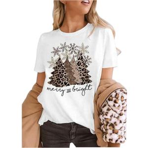 Leopard Christmas Tree Snowflake T Shirts Celebrate Christmas Vacation T Shirts Funny Merry and Bright Graphic Tees Tops (X-Large)