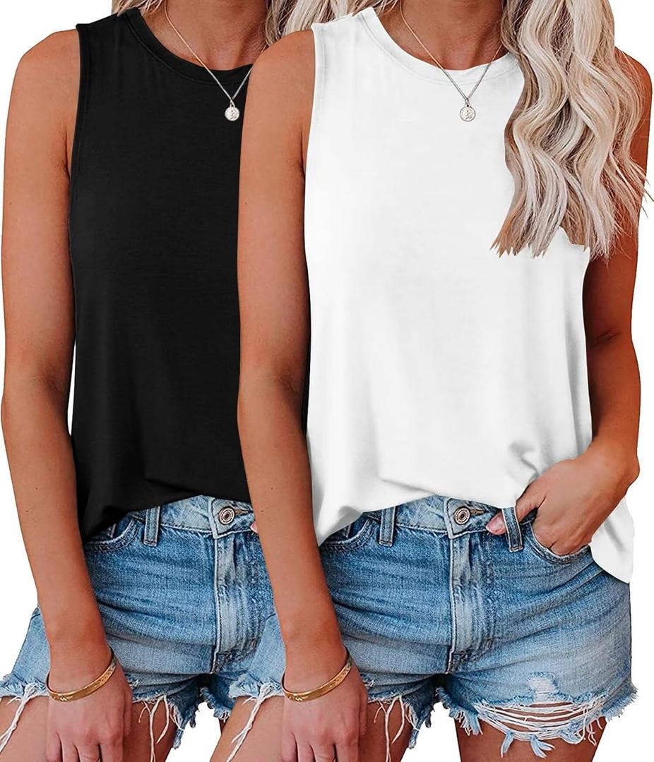 KKJ 2 Pack Womens Tank Tops 2025 Summer Beach Vacation Fashion Outfits Crew Neck Sleeveless Loose Fit Casual Shirts Clothes (X-Large, Black+White)