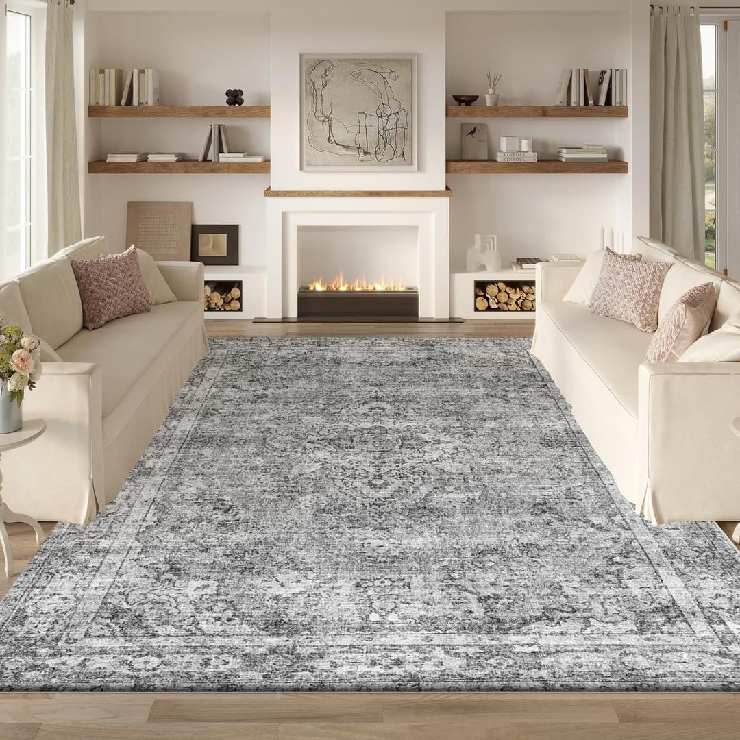 Area Rug 8x10 Gray Large Living Room, Machine Washable Rug, Stain Resistant Soft Thin Carpet, Boho Vintage Home Decor, Indoor Non-Slip Rugs, for Bedroom, Office, Farmhouse, Dining, Dorm (Grey)