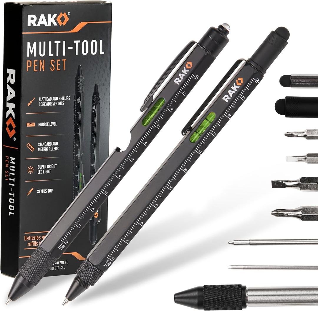 RAK Multitool Pen - Multi-Tool Pen Set 11 in 1, LED Light, Screwdrivers, Level, Ruler, Bottle Opener, and Stylus. Cool Gadgets Gifts for Men, Dad, EDC Tactical Pen Tool, Gift-Ready Box, Pack of 2