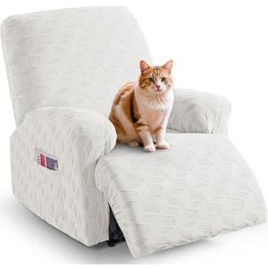 TAOCOCO Recliner Cover 3 Pieces Recliner Chair Covers, Stretch Jacquard Reclining Chair Cover, Furniture Protector Sofa Slipcovers Couch Covers with Elastic Bottom for Kids, Pets (Cream White) (1 Seater)