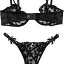 Lilosy Sexy Underwire Cute Push Up Strappy Embroidered Mesh Sheer Lingerie Set See Through Panty Bra (Black, XL)