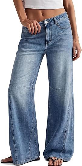 Trendy Queen Women's High Waisted Wide Leg Barrel Jeans Stretch Baggy Flare Denim Pants, Blue Size 10