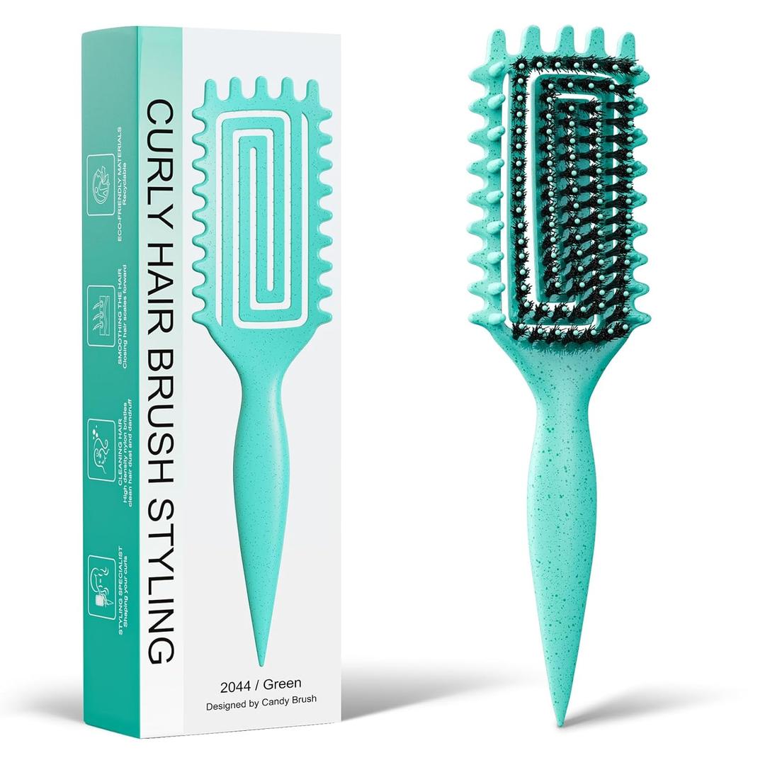 Curly Hair Brush, Curl Defining Brush with Soft Boar Bristles Detangling Tangled Glides, Wide-Teeth Design Effortlessly Shaping & Defining Curls, Curling Definer for Wet & Dry Hair (Green)