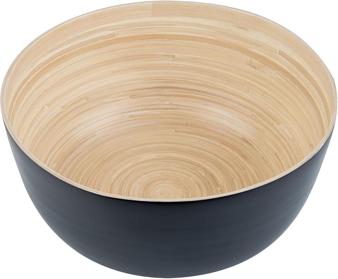 Restaurantware Bamboo Salad Bowl 1 Count 51 Oz Greaseproof Freezable Round Serving Bowl, Hot and Cold Food Friendly Handmade Bamboo Serving Utensils, Black
