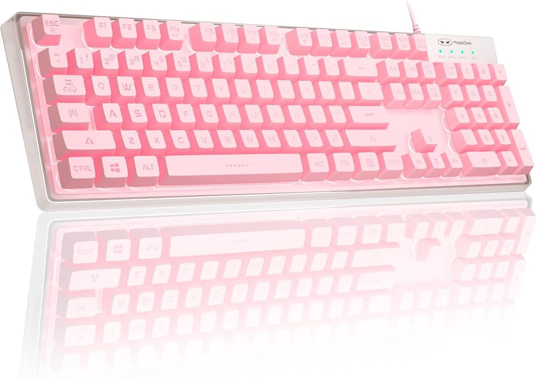 MageGee Gaming Keyboard, 7 Solid Colors Backlit Wired Gaming Keyboard with Clear Housing and Double-Shot Keycaps, K1 Waterproof Ergonomic 104 Keys Light Up Keyboard for PC Desktop Laptop, Pink
