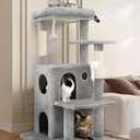 Cat Tree Tower for Indoor Cats, 50-inch Adult Cat Tree House for Large Adult Cats with Steps, Scratching Post, 2 Cat Caves, Dangling Toys, FC50, Light Grey