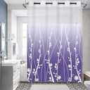 No Hook Shower Curtain Whith Snap in Liner Set, Purple Ombre Floral Striped Fabric Shower Curtains for Bathroom Hotel Decor 71x74 Inches